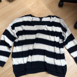 Black and White Stripe V-Neck Sweater